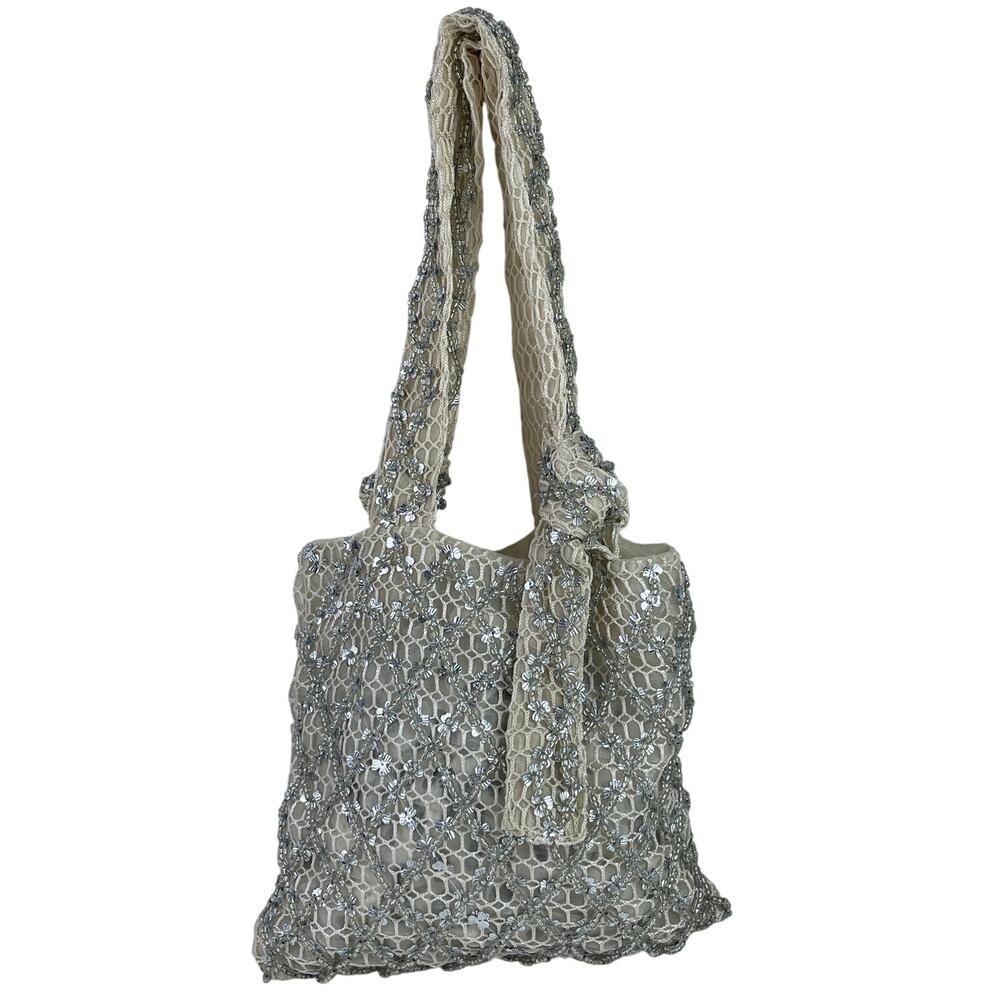 Zara Women's Silver Beaded Embellished Mesh Bow Tie Boho Tote Handbag Size OS